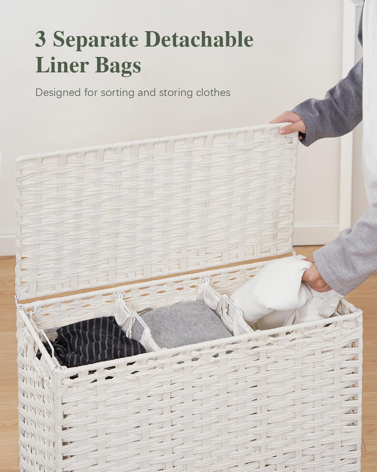 SETVSON Laundry Hamper with Lid 132 L, (35 Gallons) Clothes Hamper with Lid, Handwoven Rattan Laundry Hamper with Metal Heightened Feet, Laundry Hampers with 3 Removable Liner Bags for Laundry-Natural