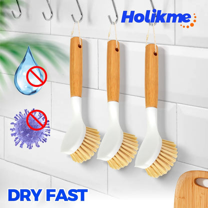 Holikme 3 Pack Dish Brush Set with Bamboo Handle, Kitchen Brushes for Cleaning Pot, Sink and Stove, Skillet Scrubber with Tough Bristles for Cast Iron Grill Pan, White Yellow Black