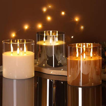 Eywamage 3 Wick Smoke Grey Glass Flameless LED Candle with Remote, Flickering Large Battery Pillar Candle Decor Φ 6" H 6"
