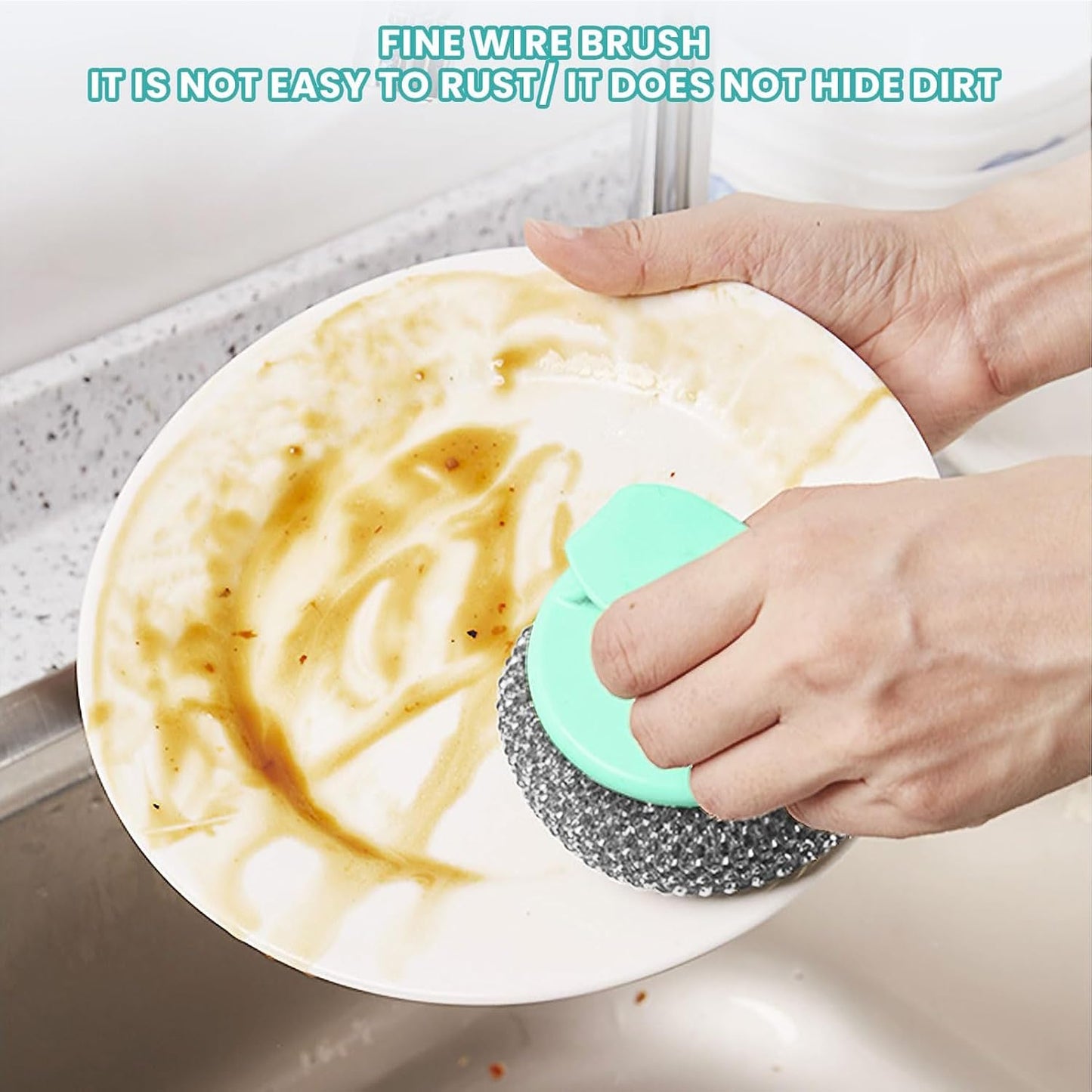 Dish Scrubber - Non Scratch Short Handle Brush for Cleaning | Durable Nylon Fiber with Soft Ball Pad, Stain Removing Scouring Tool, Easy Grip Handle for Pots, Pans, Grill, Sink, Kitchen Household Use