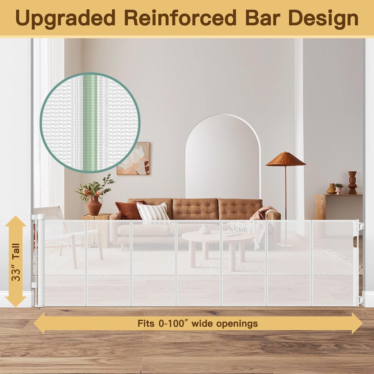 Reinforced 55" Wide Retractable Baby Gates with Reinforced Strips, Indoor/Outdoor Retractable Dog Gate for Doorway Prevent Bottom Drilling Through, No Bottom Bar Safety Mesh Baby Gate for Stair, Black