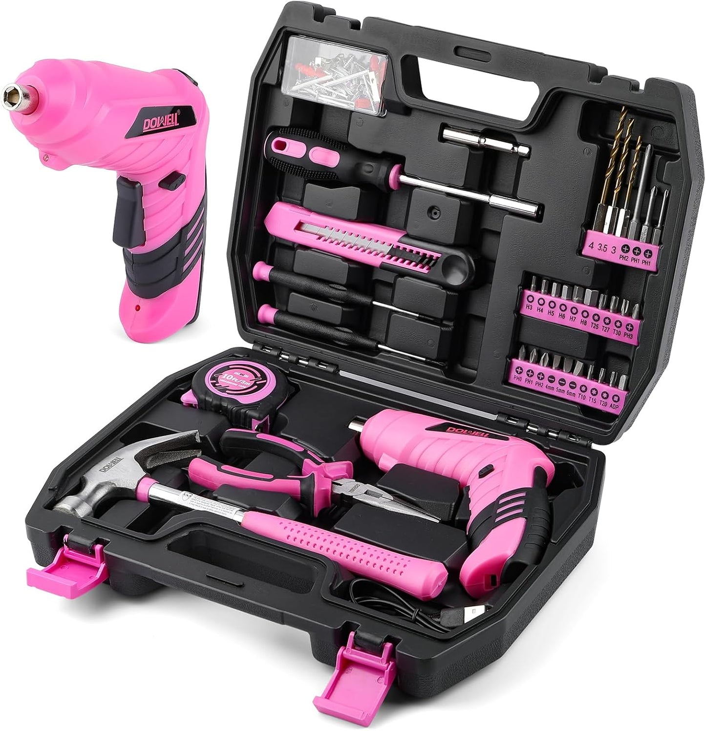 143 Pcs Pink Homeowner Tool Set with 3.6V Cordless Screwdriver General Household Hand Tool Kit with Plastic Tool box Storage Case for Women,Men