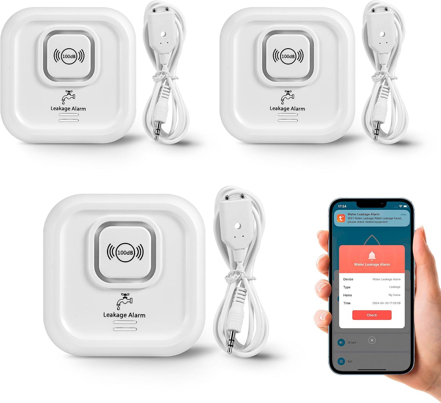 WiFi Water Leak Detectors 100dB Smart Water Sensor Alarm with 3.22 ft Sensor Cable Triple Detection Mode, with App Remote Monitor, Wireless Tank Level Monitor for Basement, Kitchen, Bathroom(1pack)