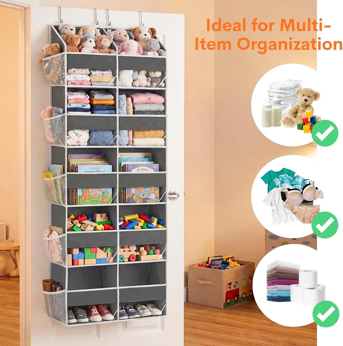 Over The Door Organizer, 5-Tier Extra Large Behind Door Storage with 10 Big Front & 10 Mesh Pockets, 80lb Capacity, Hanging Storage Organizer with Clear Window Kids Toys, Shoes, Diapers, Light Grey