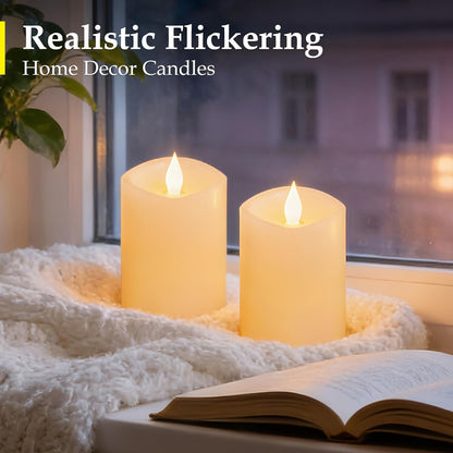 3"x4" Flickering Flameless Battery Candles with Timer, White Realistic LED Pillar Candles, Set of 2 Large Remote-Operated Candles for Home Indoor/Outdoor & Holiday Decor