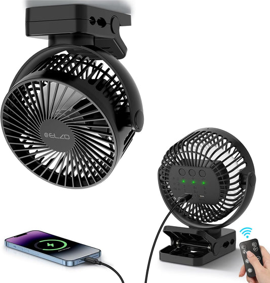 ELZO 12000mAh Clip on Fan, USB Desk Fan Rechargeable with LED Light & Hanging Hook & Magnetic (Black)