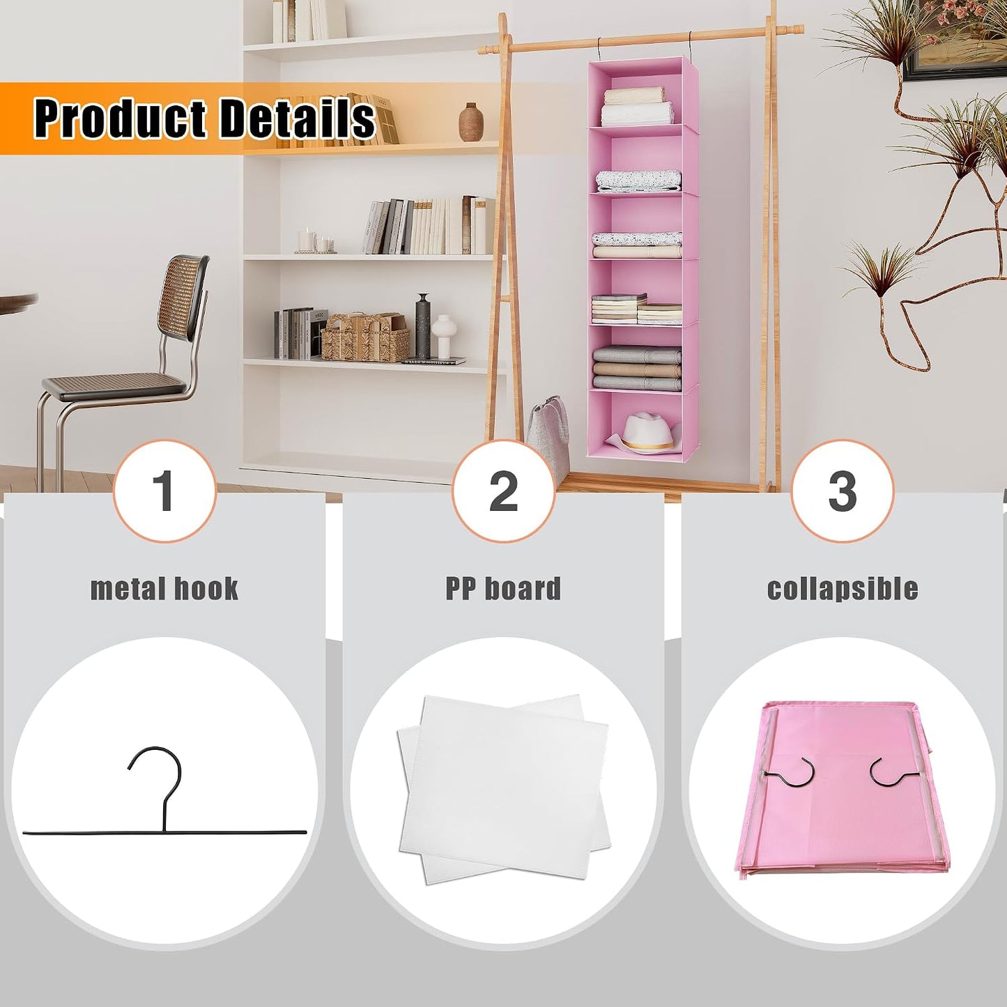 Hanging Closet Organizer 3-Shelf, Oxford Fabric Wardrobe Storage, Gray | Easy-mount foldable design holds clothes, handbags, shoes & accessories; washable Oxford fabric, sturdy and space-saving.