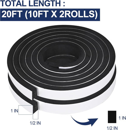 66Ft Foam Tapes Self Adhesive Foam Seal Strips 1/2In x 1/8In x 33.1Ft Each Roll Weatherstrips High Resilience Weather Stripping Door Seals for Door Soundproofing, Window Insulation (2R, White)
