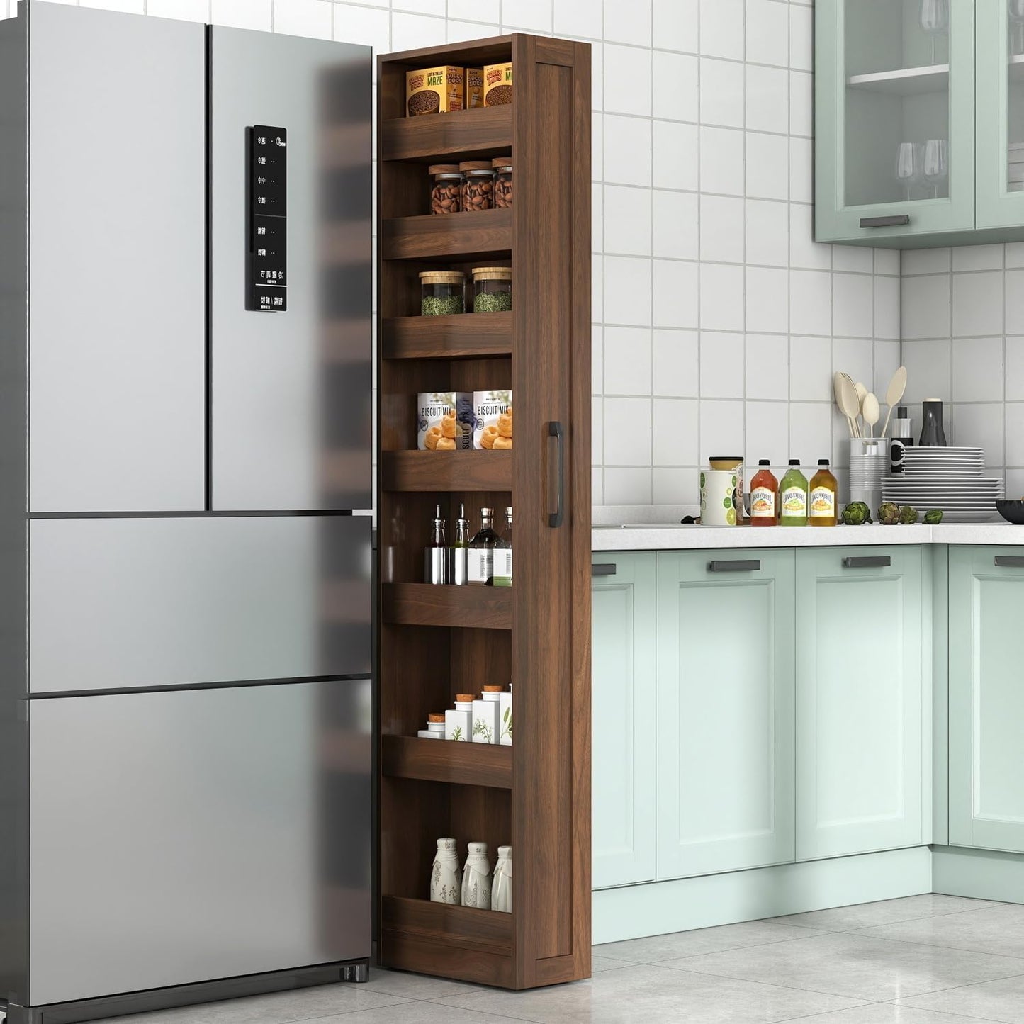 7 Tier Slim Rolling Storage Cart - Kitchen & Pantry Organizer, Narrow Storage Cabinet with Handle & Wheels, Spice Pull-Out Rack Next to Fridge Storage Shelf (White A-7 Tier Shelf Unit)