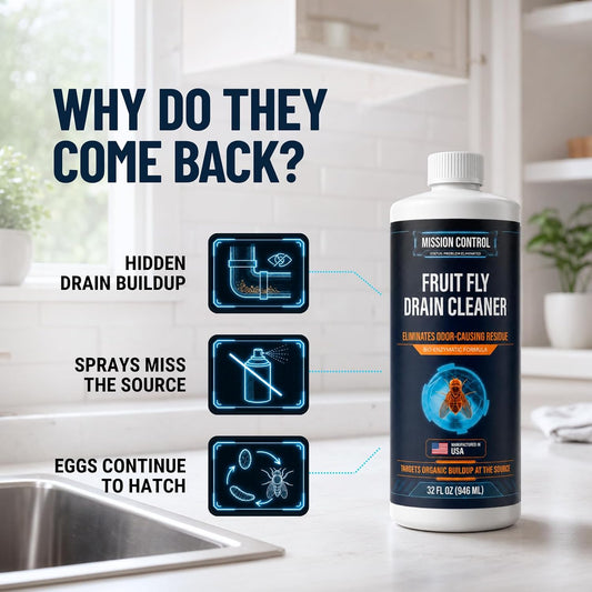 Mission Control 32 oz Bio-Enzymatic Fruit Fly Drain Treatment - Eliminates the Organic Residue and Odors That Bring Fruit Flies - Safe for Drains, Trash Cans, Sinks and Food Prep Surfaces