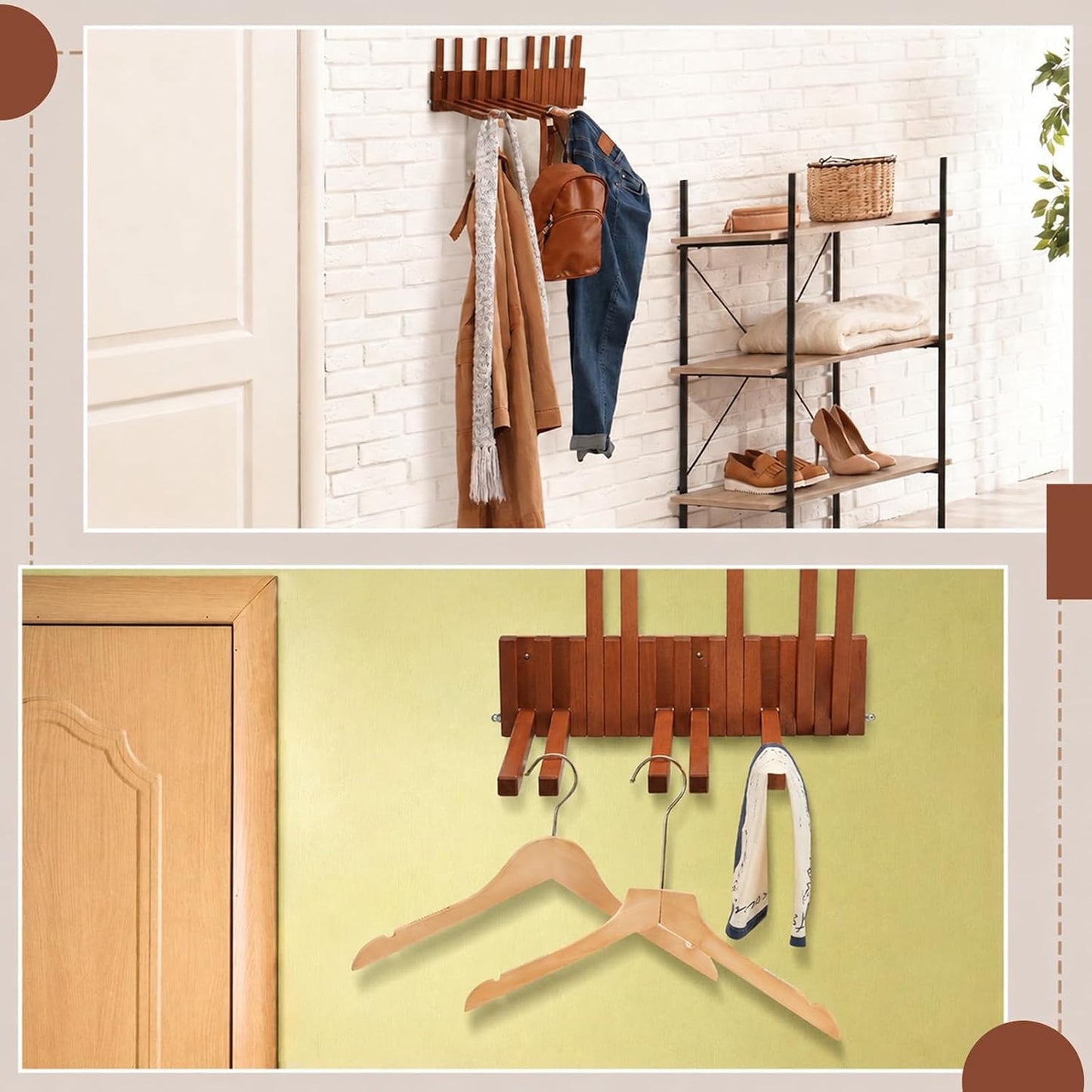 Domensi Beech Wood Wall Mounted Drying Rack for Laundry Room with 10 Mount Folding Coat Hooks Racks Drying Hanger for Bathroom Hat Towels Robes Rack Saving Space (Wood Color)