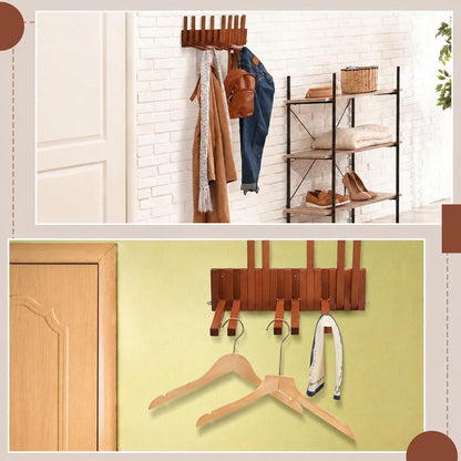 Domensi Beech Wood Wall Mounted Drying Rack for Laundry Room with 10 Mount Folding Coat Hooks Racks Drying Hanger for Bathroom Hat Towels Robes Rack Saving Space (Wood Color)