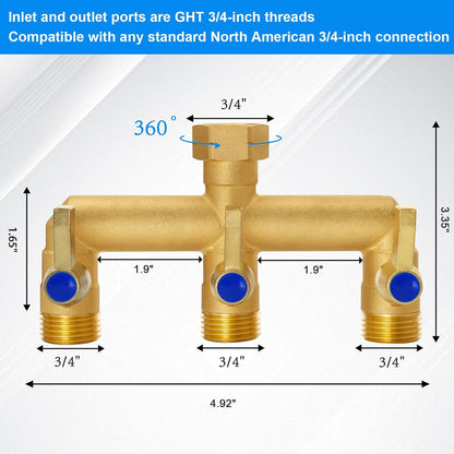 Brass Garden Hose Splitter 2-Way Heavy Duty - 3/4" GHT Threads with 2×304 Stainless Steel Handles, High Flow Design for Efficient Water Distribution