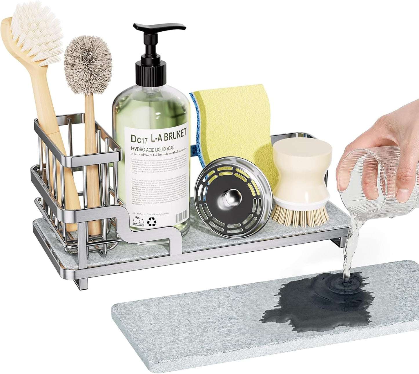 Consumest Sponge Holder for Kitchen Sink - Sink Caddy Organizer with Water Absorbing Stone Tray, Detachable Brush Holder, Stainless Steel Kitchen Counter Organizer Rack, Black