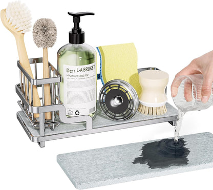 Consumest Sponge Holder for Kitchen Sink - Sink Caddy Organizer with Water Absorbing Stone Tray, Detachable Brush Holder, Stainless Steel Kitchen Counter Organizer Rack, Black