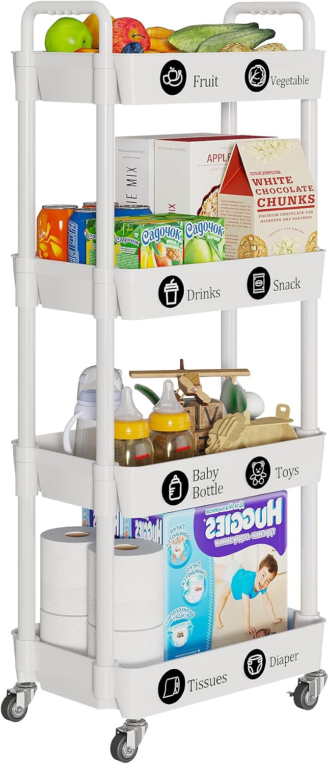 Laiensia 3-Tier Rolling Cart with Wheels,Multifunction Utility Storage Carts, Kitchen Storage Organizer,Mobile Shelving Unit for Bathroom,Laundry,with Classified Stickers,White