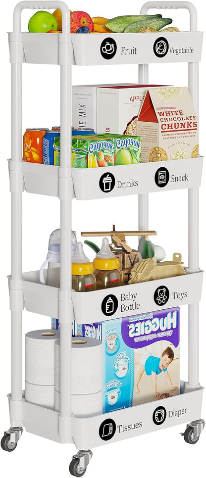 Laiensia 3-Tier Rolling Cart with Wheels,Multifunction Utility Storage Carts, Kitchen Storage Organizer,Mobile Shelving Unit for Bathroom,Laundry,with Classified Stickers,White