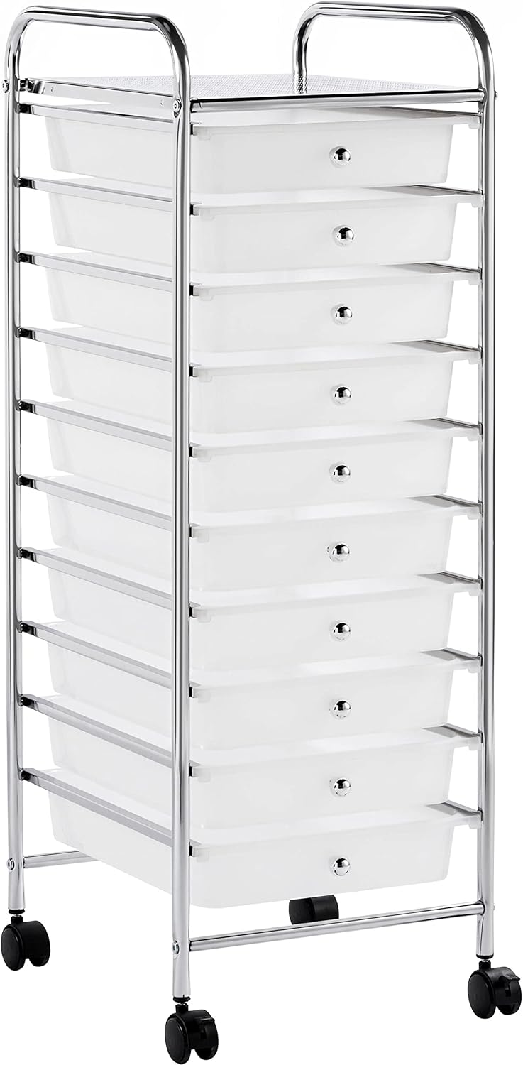 Yaheetech 4-Drawer Rolling Storage Cart with Wheels, Slim Organizer, Black | Four drawers plus a top shelf organize craft to bath gear; slim chrome-steel frame, plastic bins, locking wheels, easy setup.