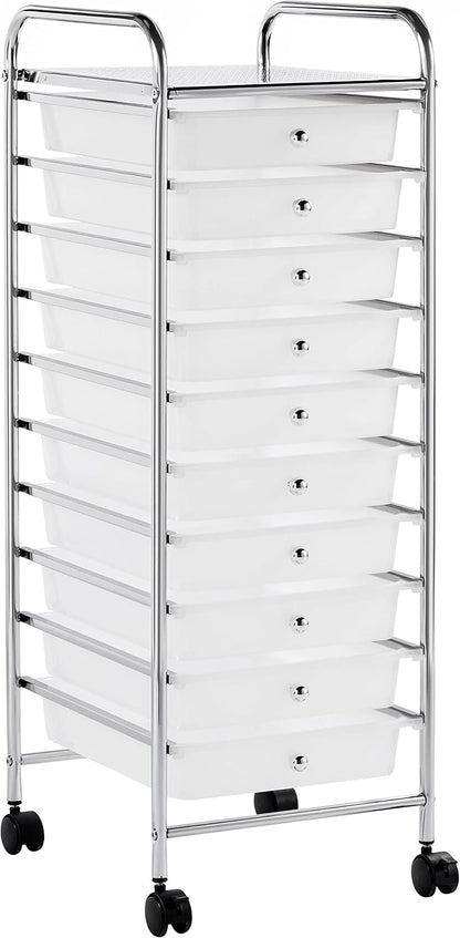 Yaheetech 4-Drawer Rolling Storage Cart with Wheels, Slim Organizer, Black | Four drawers plus a top shelf organize craft to bath gear; slim chrome-steel frame, plastic bins, locking wheels, easy setup.