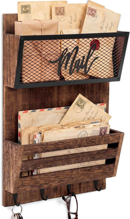 Yalikop Farmhouse Mail Organizer Wall Mounted Rustic Mail Holder Hanging Key Sorter with 3 Hooks Indoor Wooden Wall Mounted, Letter, Magazines, Newspapers, Keys(Classics,Brown)
