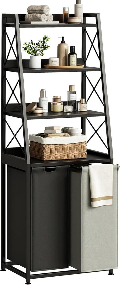Herture Laundry Basket, 3 Section Laundry Hamper with 4 Tiers Shelf, Pull-Out and Removable Laundry Bags, Large 3 x 15.87 Gallons, for Laundry Room Bathroom Rustic Brown PF05XLN
