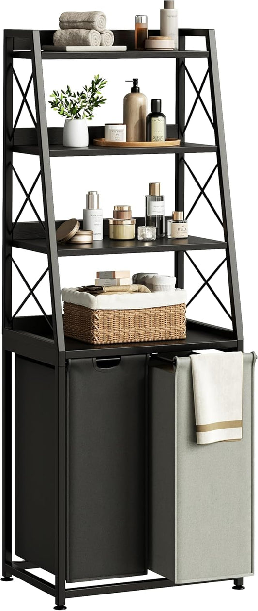 Herture Laundry Basket, 3 Section Laundry Hamper with 4 Tiers Shelf, Pull-Out and Removable Laundry Bags, Large 3 x 15.87 Gallons, for Laundry Room Bathroom Rustic Brown PF05XLN