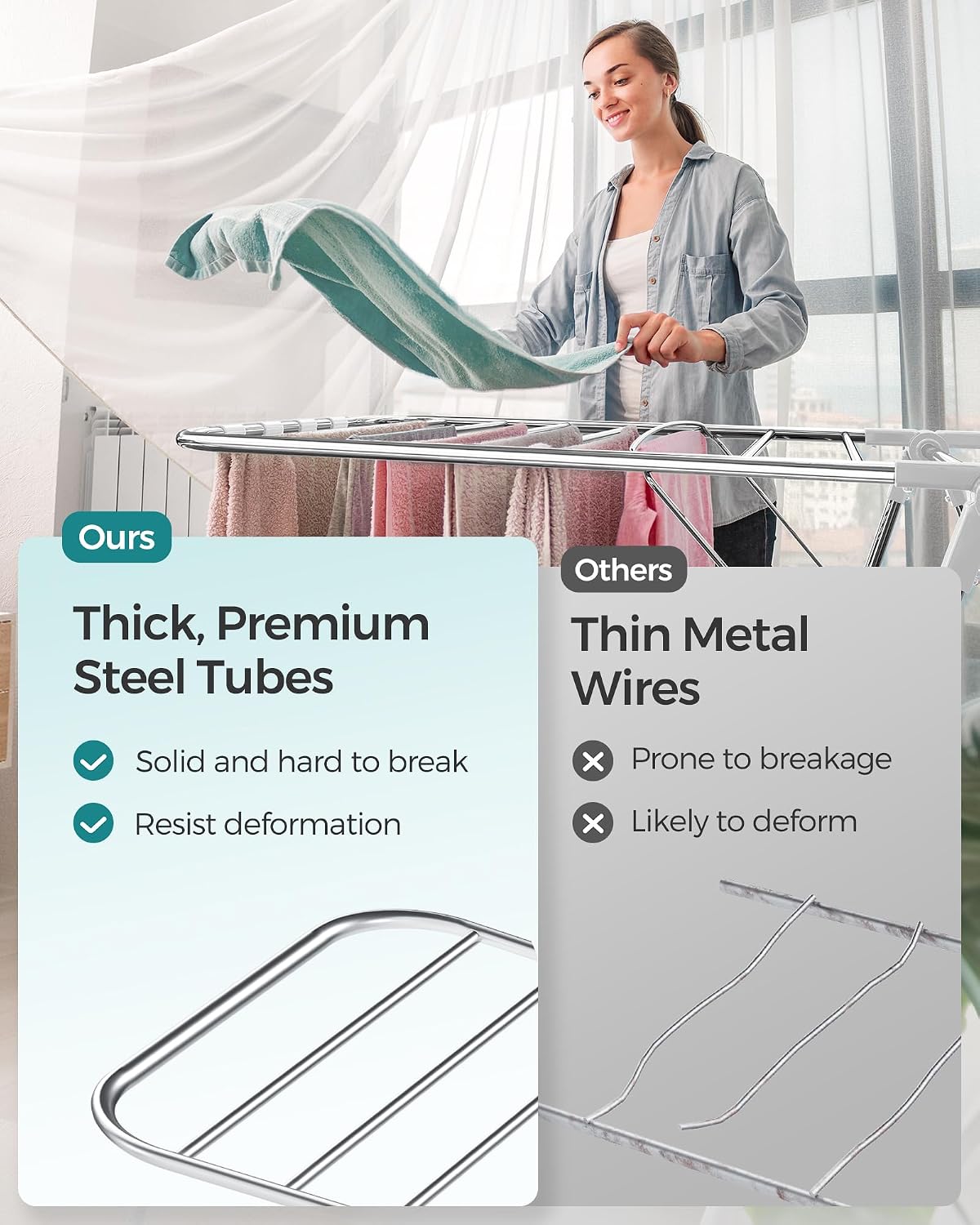SONGMICS Clothes Drying Rack, with Sock Clips, Metal Laundry Rack, Foldable, Space-Saving, Free-Standing Airer, with 2 Height-Adjustable Gullwings, Indoor Outdoor Use, Gray ULLR052G01