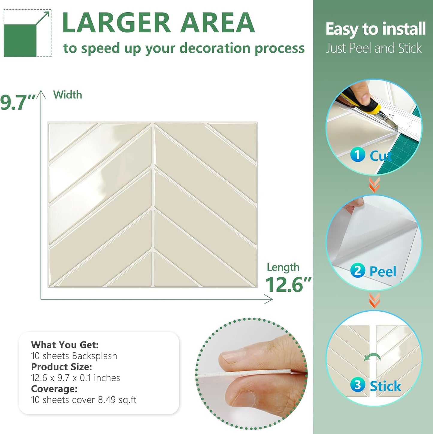 STICKGOO 10 Sheets Thicker Herringbone Peel and Stick Backsplash, 12.6”×9.7” Stick on Wall Tiles, Self Adhesive Tile Sticker for Kitchen Backsplash and Bathroom, White with Grey Grout