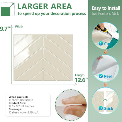 STICKGOO 10 Sheets Thicker Herringbone Peel and Stick Backsplash, 12.6”×9.7” Stick on Wall Tiles, Self Adhesive Tile Sticker for Kitchen Backsplash and Bathroom, White with Grey Grout