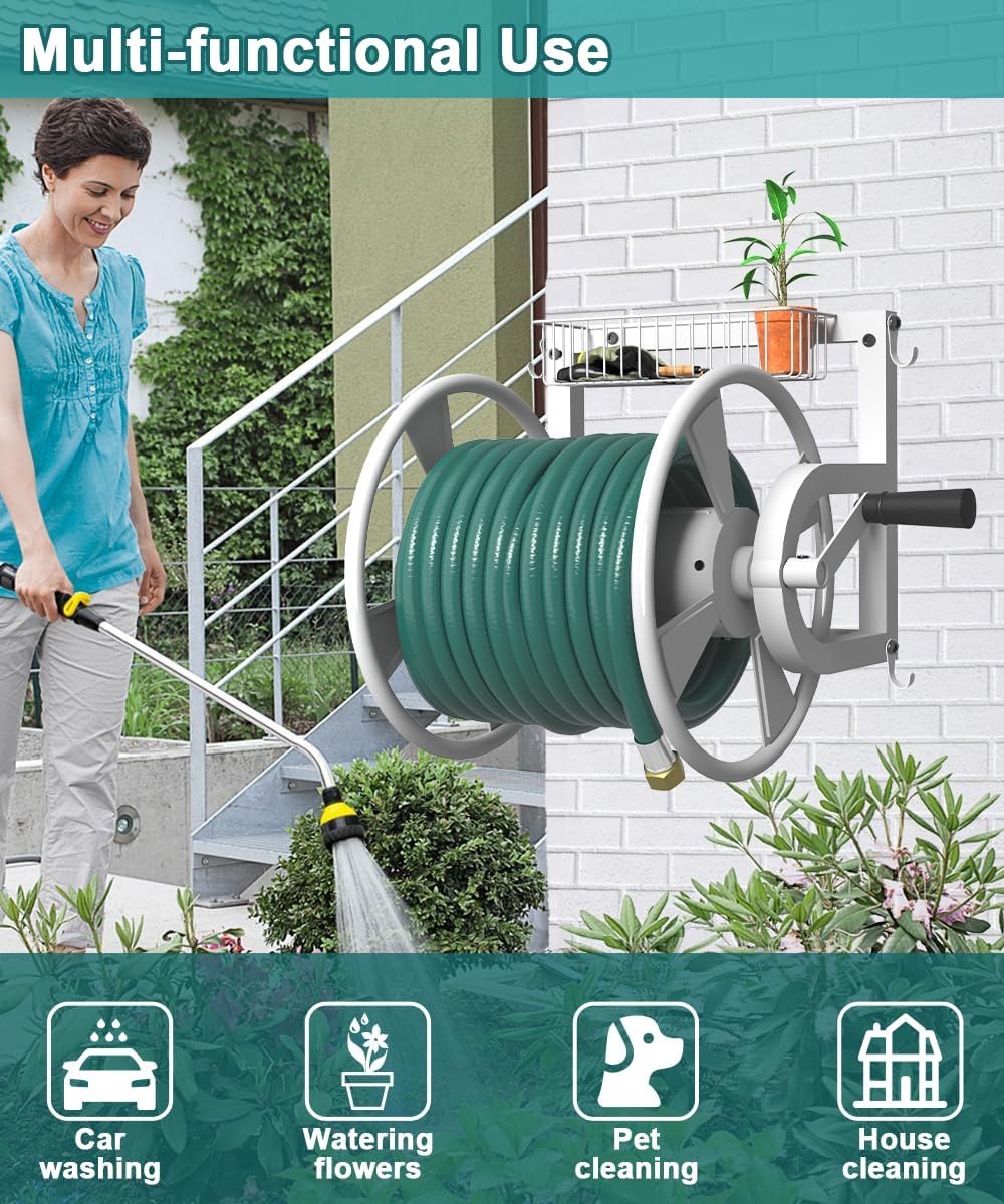 Artigarden Outdoor Wall Mounted Hose Reel with Hook, Garden Heavy-Duty Water Holder Winder with 3.9 ft Leader Hoses, Brass Fitting and Storage Basket for Yard, Holds 125 Ft of 5/8-Inch Hose, Black