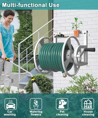 Artigarden Outdoor Wall Mounted Hose Reel with Hook, Garden Heavy-Duty Water Holder Winder with 3.9 ft Leader Hoses, Brass Fitting and Storage Basket for Yard, Holds 125 Ft of 5/8-Inch Hose, Black