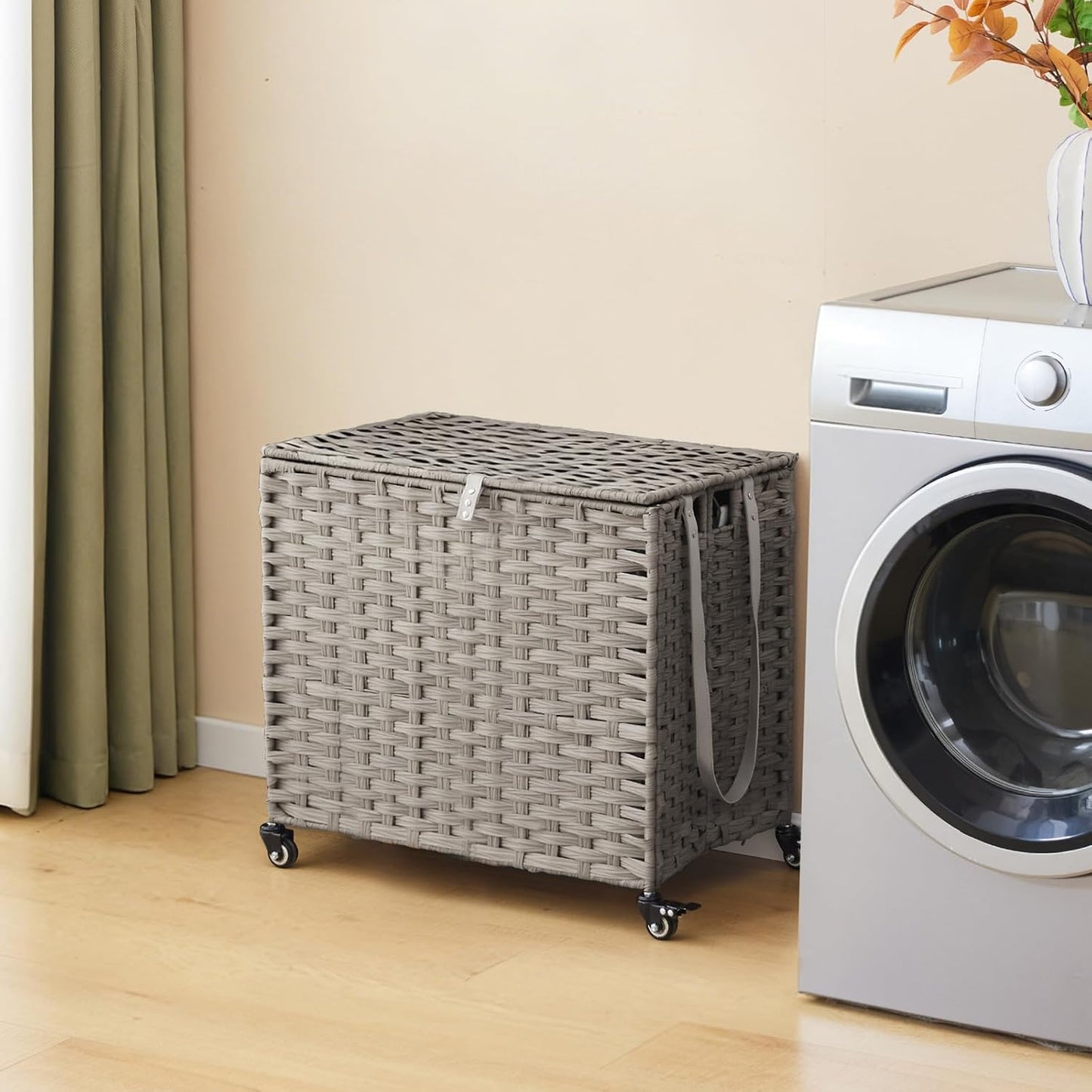 Laundry Hamper with Wheels, 34.3 Gallon(130L) Rolling Laundry Basket with Lid, 3-Section Rattan Clothes Hamper with 3 Removable Liner & 3 Mesh Bags, Laundry Sorter with Side Pocket, Brown