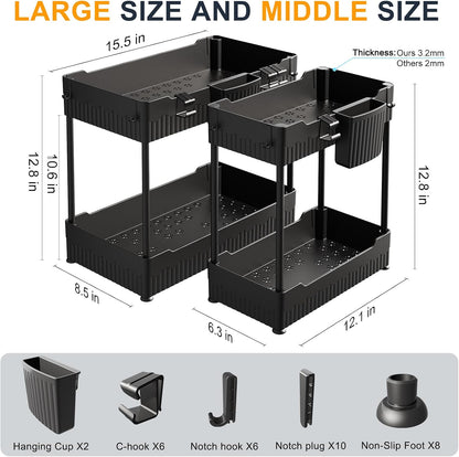 Sevenblue 2 Pack Under Sink Organizer, Under Bathroom Cabinet Organizer with Hooks Hanging Cup, Multi-Purpose Storage Shelf for Kitchen Bathroom, Black