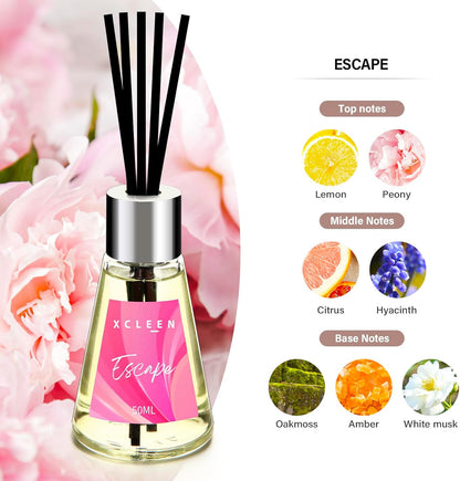 Xcleen 3 Pack Reed Diffuser, Scented Oil Diffuser with 15 Sticks, Escape/Vanilla/Moroccan Amber, Air Freshener for Bathroom & Office, Holiday Home Fragrance, Gift idea, Each 1.7Fl Oz, Total 5.1Oz