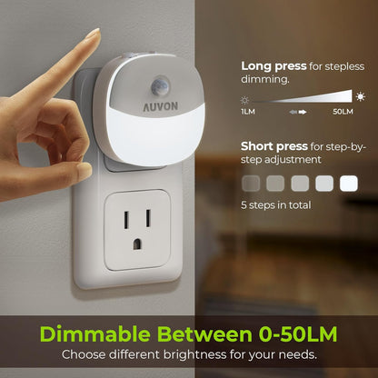 AUVON Plug in Night Light with Motion Sensor and Dusk to Dawn Sensor, Mini Warm White LED Nightlight with 1-50 lm Adjustable Brightness for Bathroom, Hallway, Stairs, Bedroom, Kitchen, 4 Packs