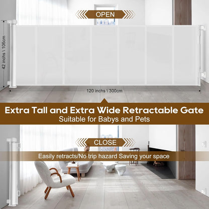 Miumoon 71 inch Retractable Baby Gates 42 inch Tall, Retractable Gate with Reinforced Strip Design to Prevent Crawling Through, 6 FT Retractable Dog Gate for Stairs, Doorways, Hallways, Indoor/Outdoor