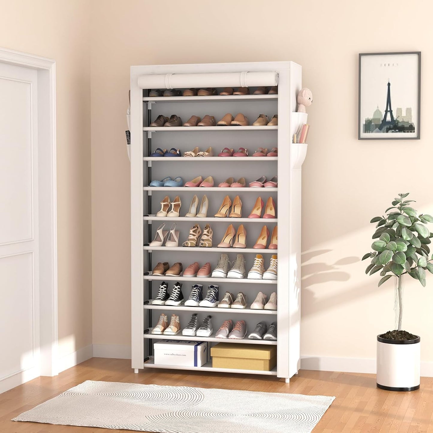 ROJASOP 10 Tier Shoe Rack with Covers,Large Capacity Stackable Tall Shoe Shelf Storage to 50-55 Pairs Shoes and Boots Sturdy Metal Free Standing Shoe Rack Organizer for Closet Entryway Garage
