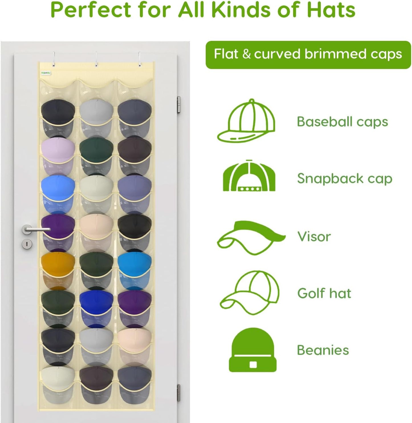 Baseball Hat Rack, 24 Pocket Over-The-Door Hat Organizer with Clear Deep Pockets to Display Baseball Caps Collection, Complete with 3 Over Door Hooks (Black, 24 Pockets)