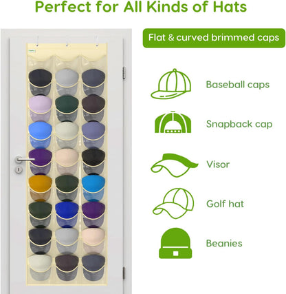 Baseball Hat Rack, 24 Pocket Over-The-Door Hat Organizer with Clear Deep Pockets to Display Baseball Caps Collection, Complete with 3 Over Door Hooks (Black, 24 Pockets)