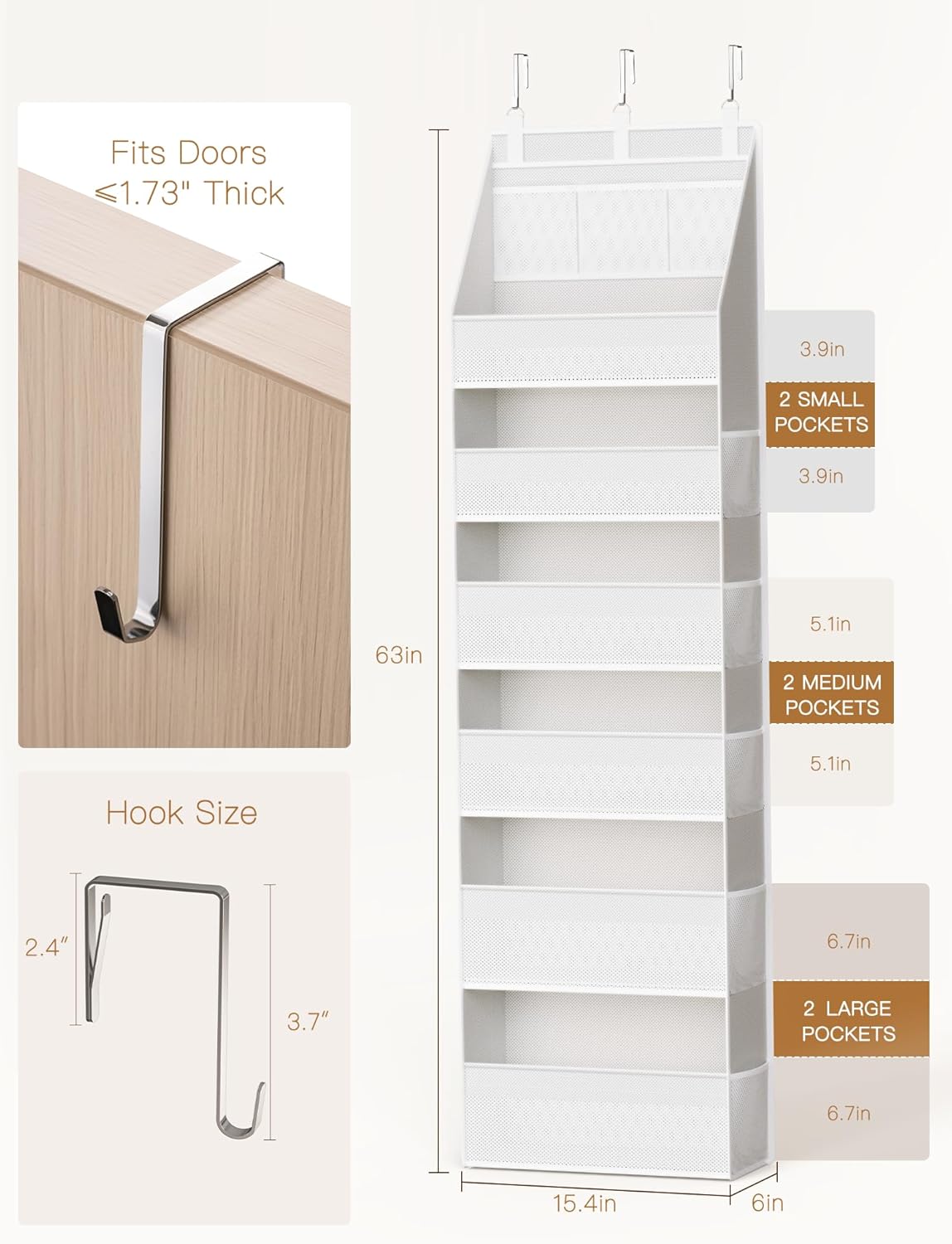 Criusia Over The Door Organizer, Heavy-Duty 6-Shelf Hanging Storage with 13 Mesh Pockets, 55lbs Capacity Behind The Door Storage for Nursery, Bathroom, Bedroom, and Dorm, Grey