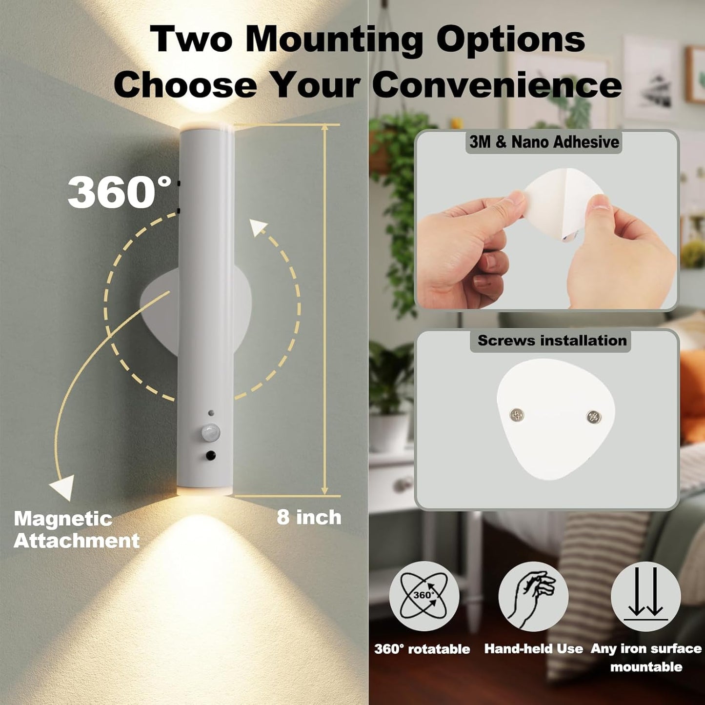 LYTARA Battery Operated Wall Sconce Set of Two, Rechargeable Wall Lights with Motion Sensor, Remote Control, Dimmable Metal Magnetic Wall Lamp for Decor, Bedroom, Night Light (Black, 2 Pcs)