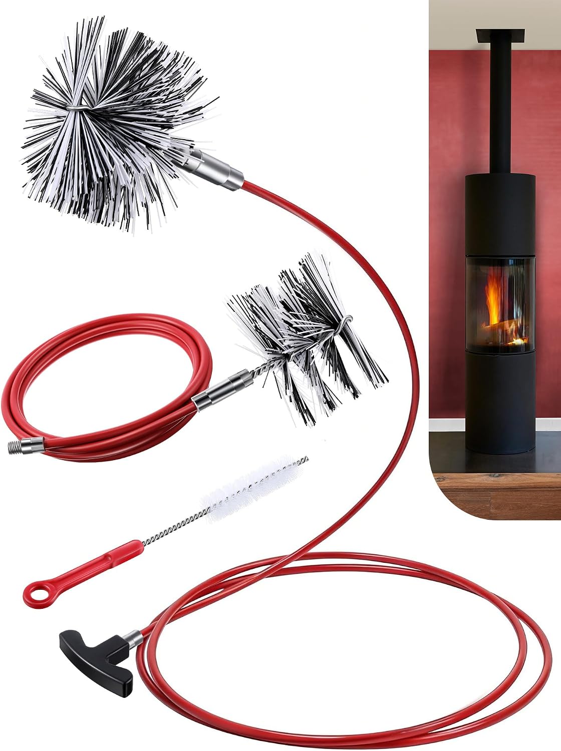 Feekoon Pellet Stove Cleaning Kit, 10 FT Flexible Steel Rod with 3" Brush Head, Flue Detail Cleaner, Pellet Stove Accessories for Vent Pipes Cleaning - Reduce Buildup & Improve Airflow