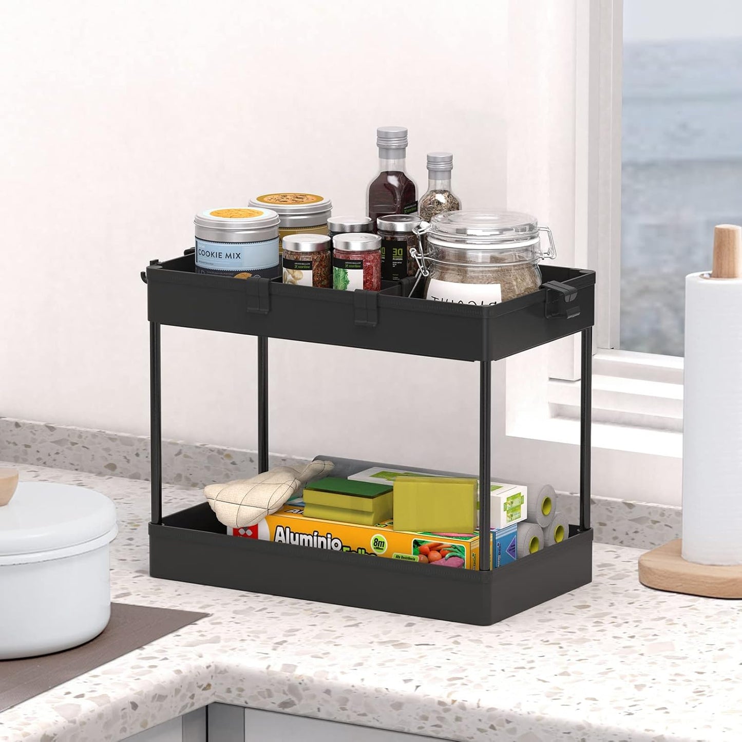 SPACELEAD 3 Tier Rolling Cart with Wheels, Storage Craft Art Trolley Organizer Serving, 3 Hanging Baskets Easy Assembly, for Office, Bathroom，Living Room, Kitchen, White