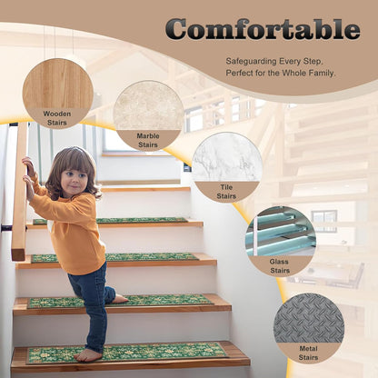 Non Slip Stair Treads for Wooden Steps, 15 Pack 8"x30" Washable Carpet | 8x30 in soft chenille polyester stair treads with reusable TPE backing for indoor wood stairs, dogs, kids, and seniors