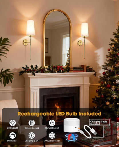 Battery Operated Wall Sconce Set of 2, 13000mAh Rechargeable Battery Powered Sconces with Remote Dimmable Fabric Shade Wireless Sconces Fixture for Bedroom Living Room