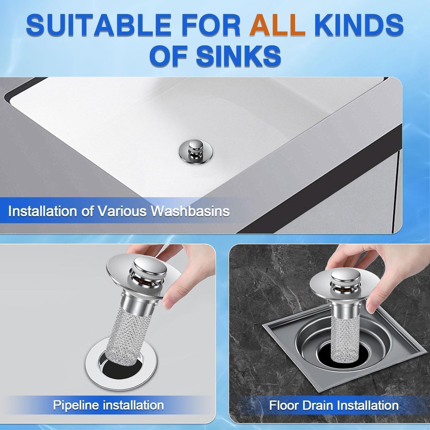 Bathroom Sink Stopper, Stainless Steel Removable Drain Strainer, Hair Catcher Basket, Bathroom Sink Plug Replacement (2 Pack)