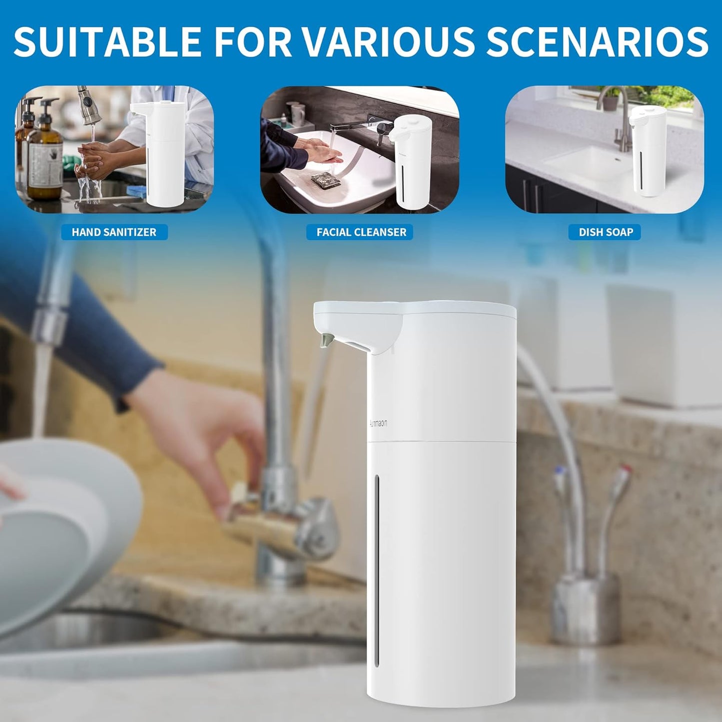 Aunmaon Automatic Soap Dispenser Touchless, Hands-Free, Multi Adjustable Volume, Long Battery Life, Compatible with Thick & Thin Dish/Hand Soap for Bathroom and Kitchen, Easy for Toddlers, Black