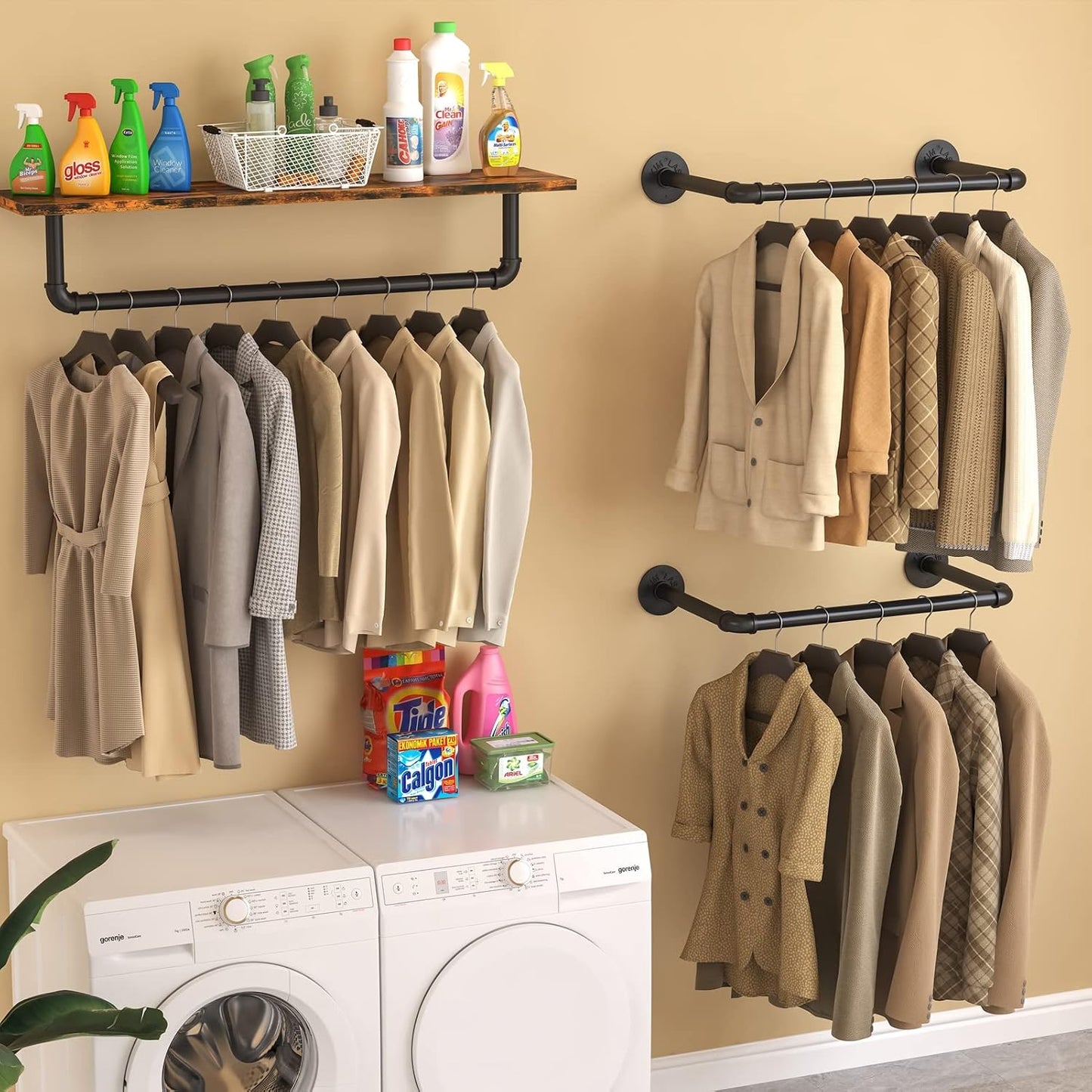 Wall Mounted Clothes Rack 38.4in, Industrial Pipe Wall Mount Clothing Rack, Heavy Duty Iron Garment Racks, Space Saver Multi-purpose Hanging Rod for Laundry Room, Closet Storage, 1 Pack