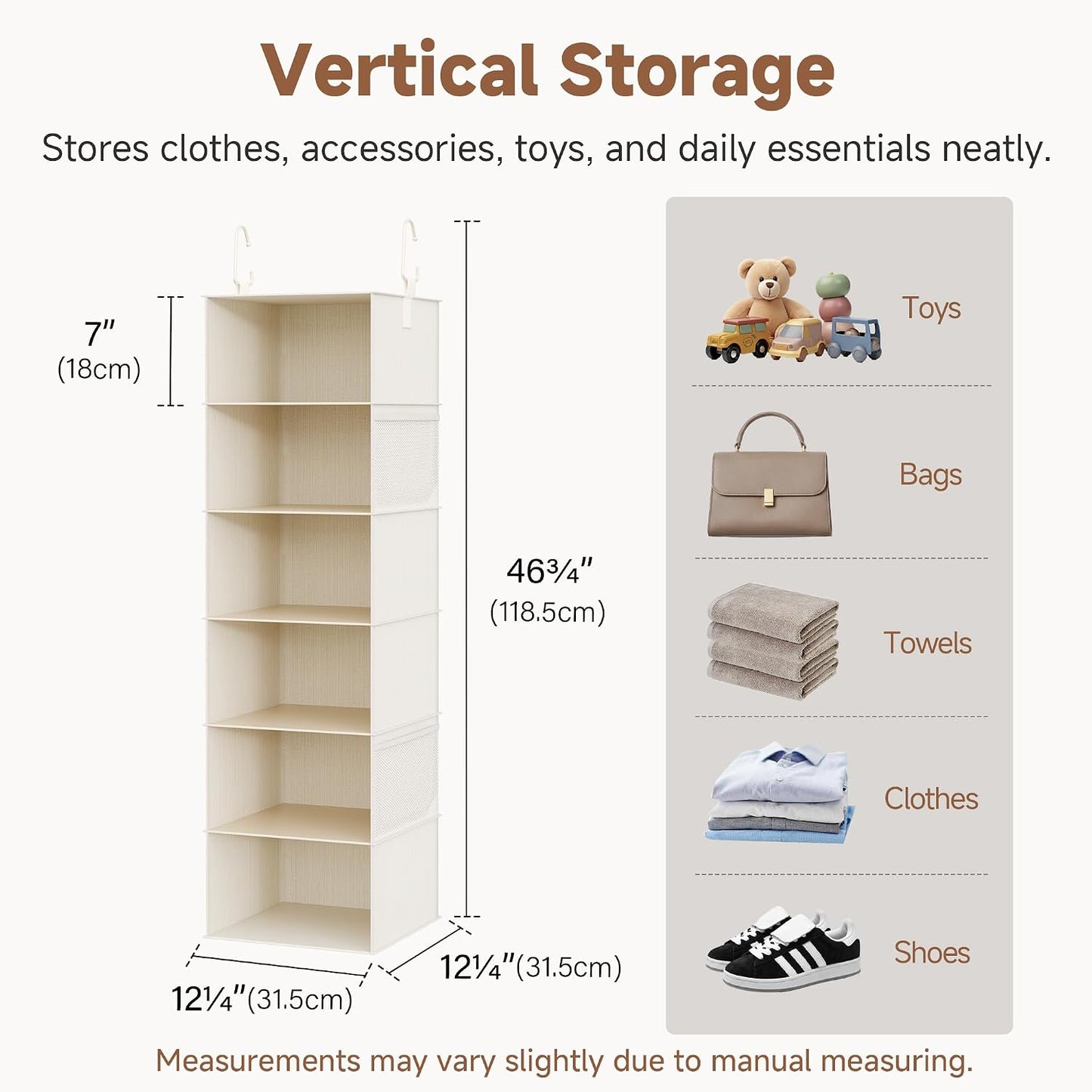 StorageWorks 6-Shelf Hanging Closet Organizer, Hanging Shelves for Closet, Fabric, Mixing of Beige, White & Ivory, 12" D x 12" W x 47 1⁄2" H