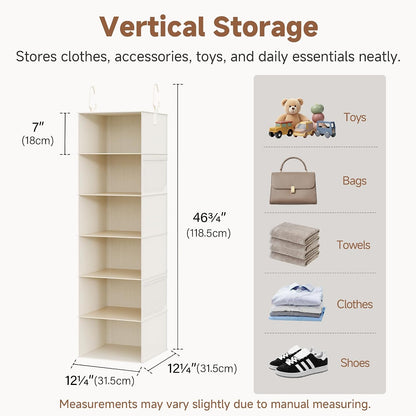 StorageWorks 6-Shelf Hanging Closet Organizer, Hanging Shelves for Closet, Fabric, Mixing of Beige, White & Ivory, 12" D x 12" W x 47 1⁄2" H